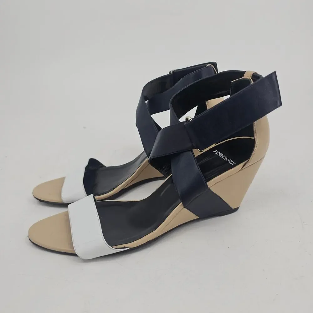 Pierre Hardy Leather Colorblock Wedge Sandal Shoe Black White Nude 40.5 9.5-10